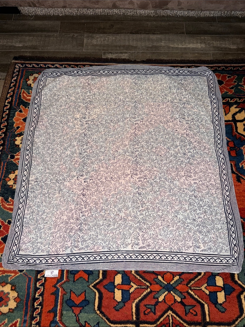 Light Blue and White Floral Block Print Scarf- ANOKHI 100% Cotton 30" Squared
